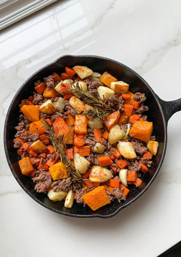Roasted Butternut Squash, Potato, and Ground Beef Skillet