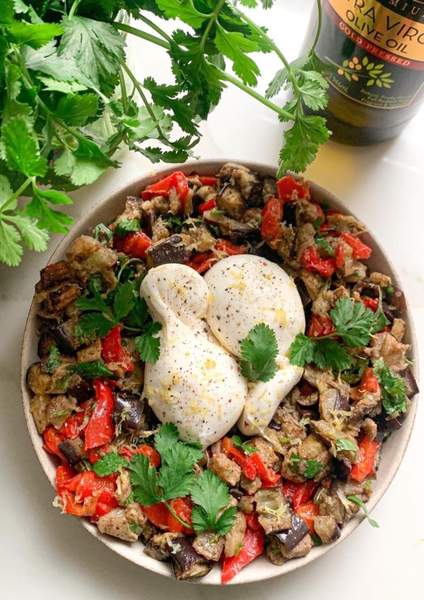 Roasted Eggplant & Peppers with Burrata